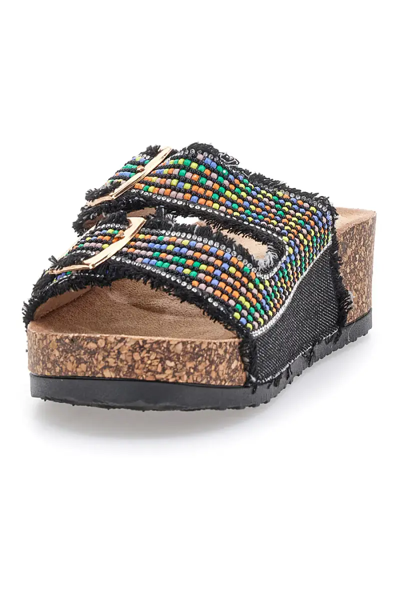 Sandali neri con perline multicolor e doppia fibbia Dame Rose APY66 [NERO] miniatura 3