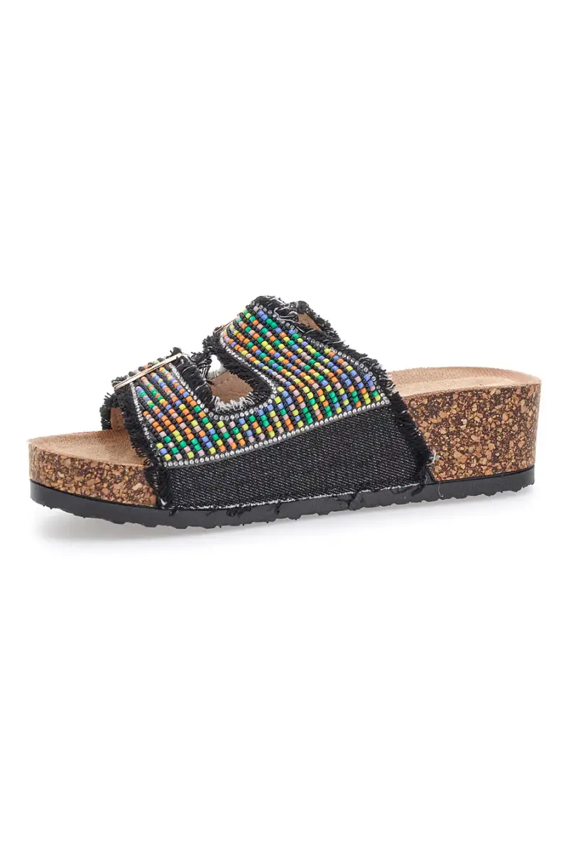 Sandali neri con perline multicolor e doppia fibbia Dame Rose APY66 [NERO] miniatura 4