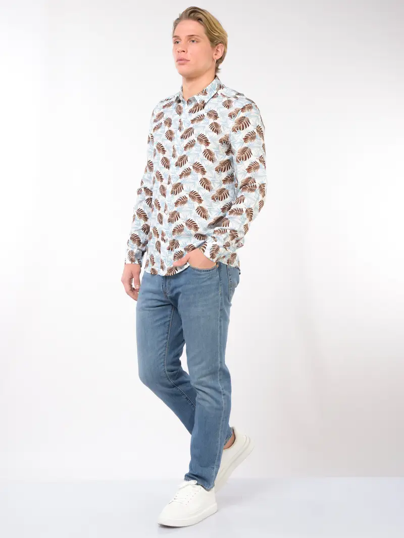 camicia da uomo Daniele Alessandrini in viscosa tema foglie TURCHESE miniatura 2