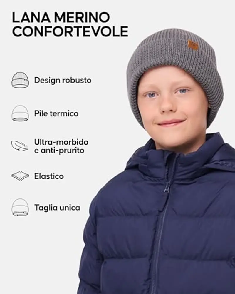 DANISH ENDURANCE Berretto Beanie in Lana Merino e Fodera Pile, Cappello in Maglia, Taglia Unica per Ragazzi e Ragazze miniatura 2