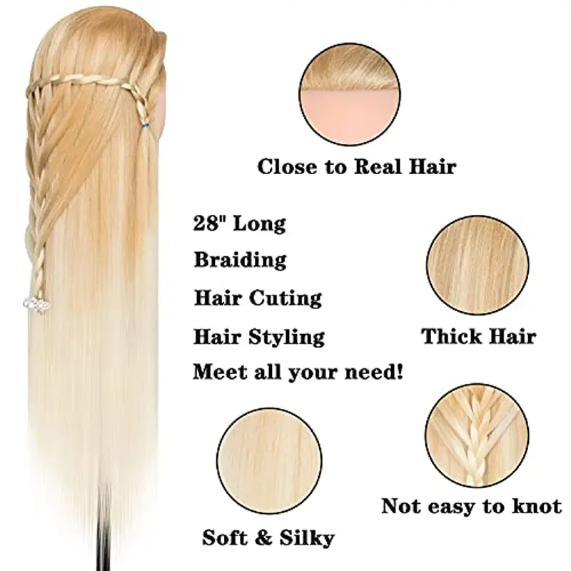 DanseeMeibr Testa per parrucchiere, 66cm Testa di manichino con capelli allenamento Cosmetologia da bambola per treccia miniatura 3