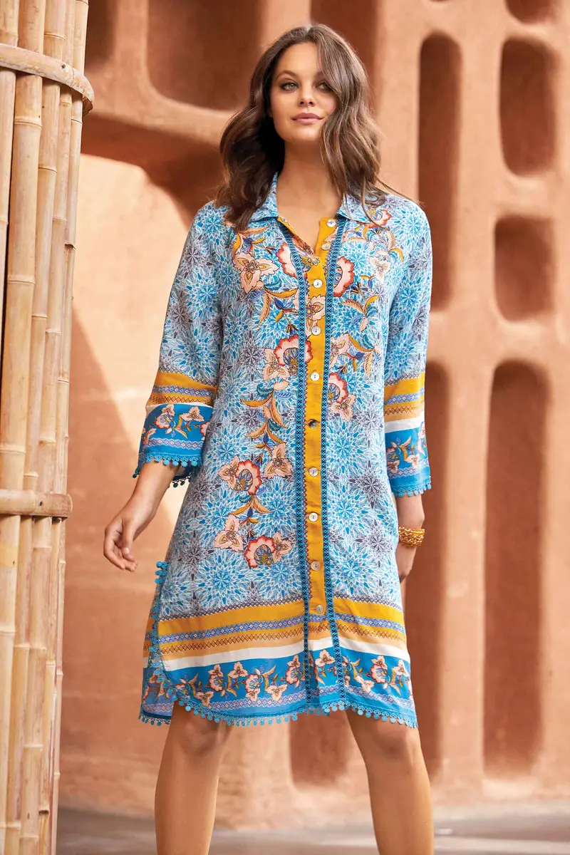 ABITO CAMICIA FIORI E MAIOLICHE | Colore Turchese |