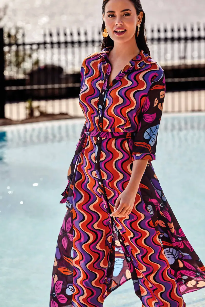 ABITO CAMICIA LUNGO CON CINTURA INCLUSA ELODIE | Colore Multi |