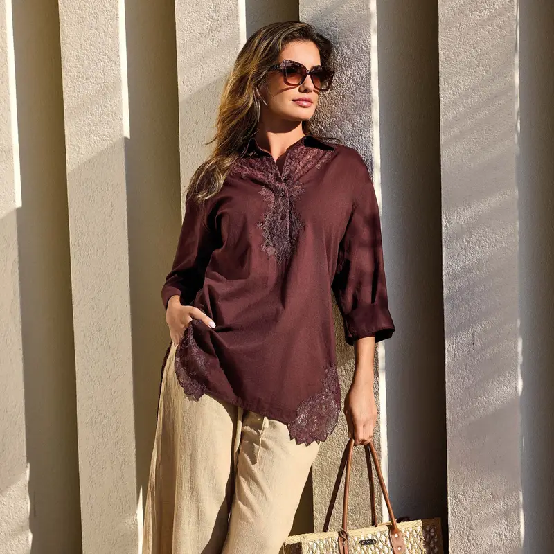 CAMICIA CON INSERTI IN PIZZO PREGIATO | Colore Vino |
