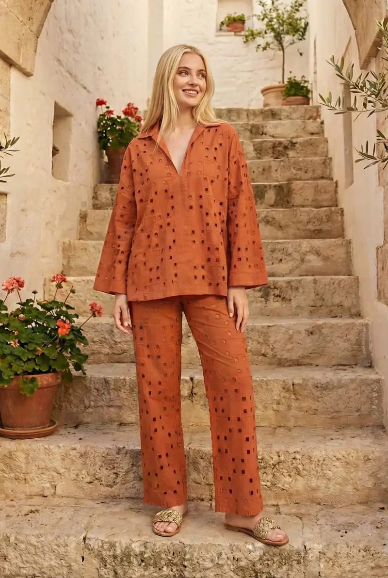 PANTALONI IN SANGALLO GEOMETRICO PIA | Colore Arancione |