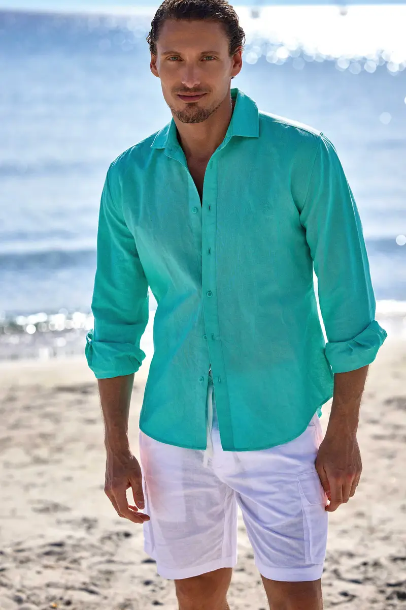 CAMICIA IN MISTO LINO DAMON | Colore Turchese |