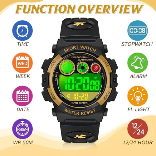 Dayllon Kids Watch Digital Outdoor Sport Waterproof Boys Watches Alarm 12/24H 7 retroilluminazione colorata Cronometro miniatura 2