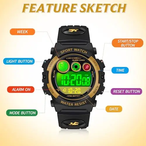 Dayllon Kids Watch Digital Outdoor Sport Waterproof Boys Watches Alarm 12/24H 7 retroilluminazione colorata Cronometro miniatura 3
