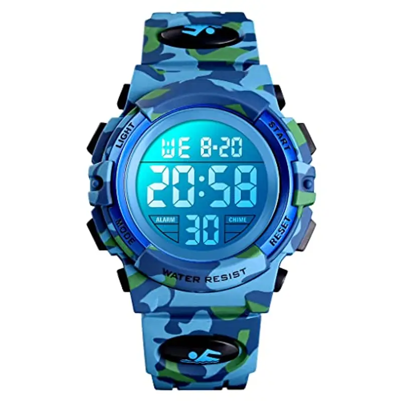 Dayllon Orologio digitale per bambini Sport all'aperto 50 m impermeabile Orologio elettronico Allarme 12/24 h Cronometro Calendario Ragazzo Ragazza Orologio analogico,Camo Blu X
