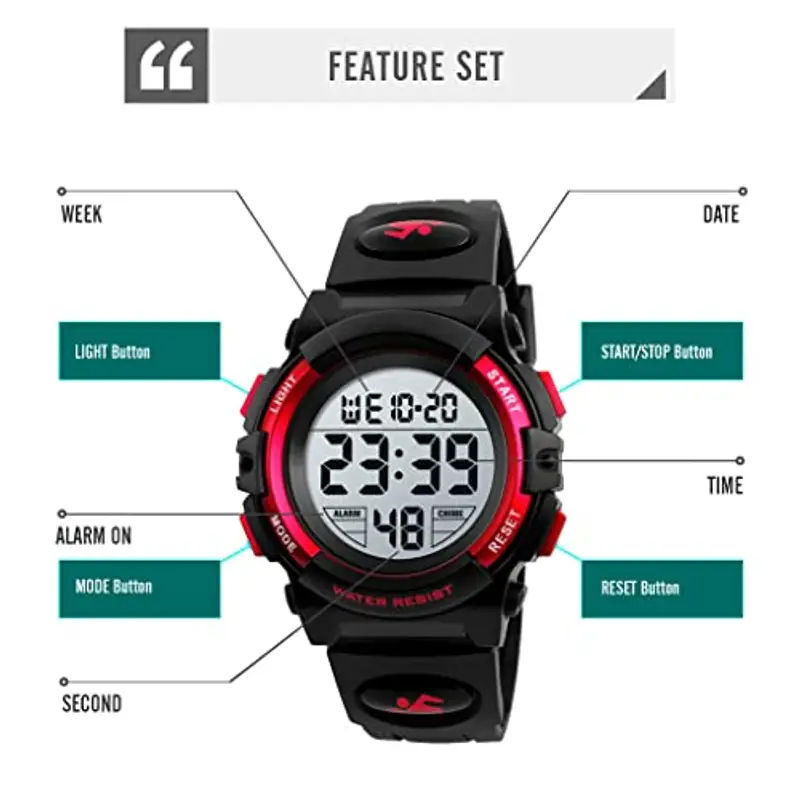 Dayllon Orologio digitale per bambini Sport all'aperto 50 m impermeabile Orologio elettronico Allarme 12/24 h Cronometro Calendario Ragazzo Ragazza Orologio analogico, Nero Rosso X miniatura 3