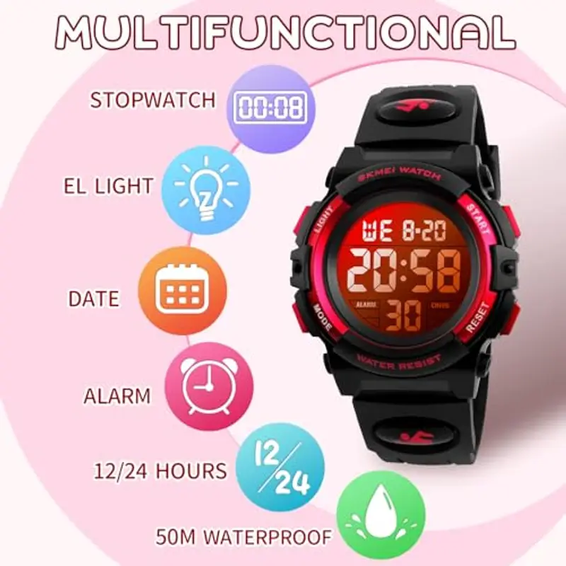 Dayllon Orologio digitale per bambini Sport all'aperto 50 m impermeabile Orologio elettronico Allarme 12/24 h Cronometro Calendario Ragazzo Ragazza Orologio analogico, Rosso Nero Xs miniatura 2