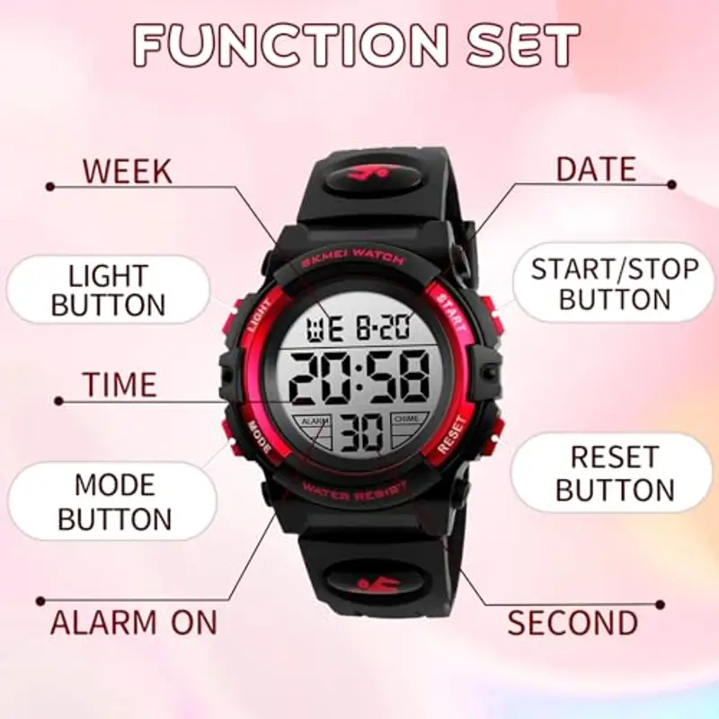 Dayllon Orologio digitale per bambini Sport all'aperto 50 m impermeabile Orologio elettronico Allarme 12/24 h Cronometro Calendario Ragazzo Ragazza Orologio analogico, Rosso Nero Xs miniatura 3