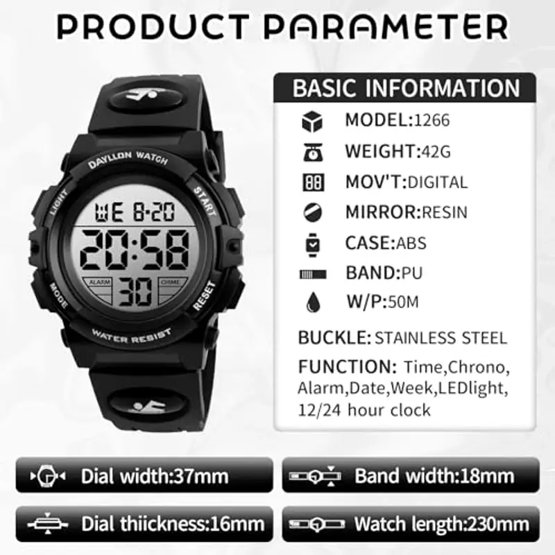 Dayllon Orologio digitale per bambini Sport all'aperto 50 m impermeabile Orologio elettronico Allarme 12/24 h Cronometro Calendario Ragazzo Ragazza Orologio analogico, Tutto Nero Xs miniatura 2