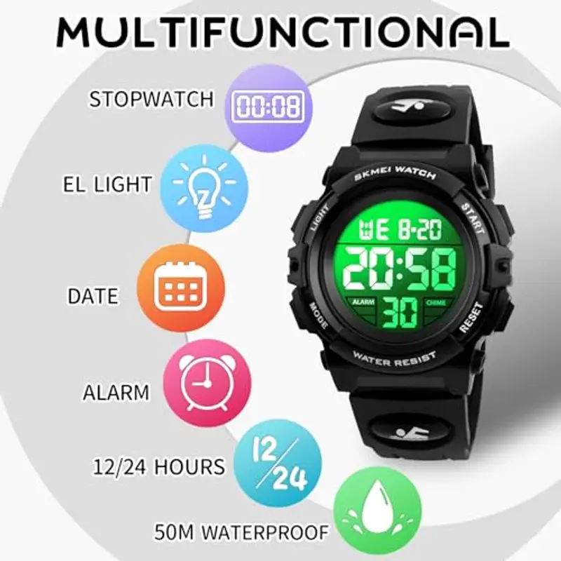Dayllon Orologio digitale per bambini Sport all'aperto 50 m impermeabile Orologio elettronico Allarme 12/24 h Cronometro Calendario Ragazzo Ragazza Orologio analogico, Tutto Nero Xs miniatura 3