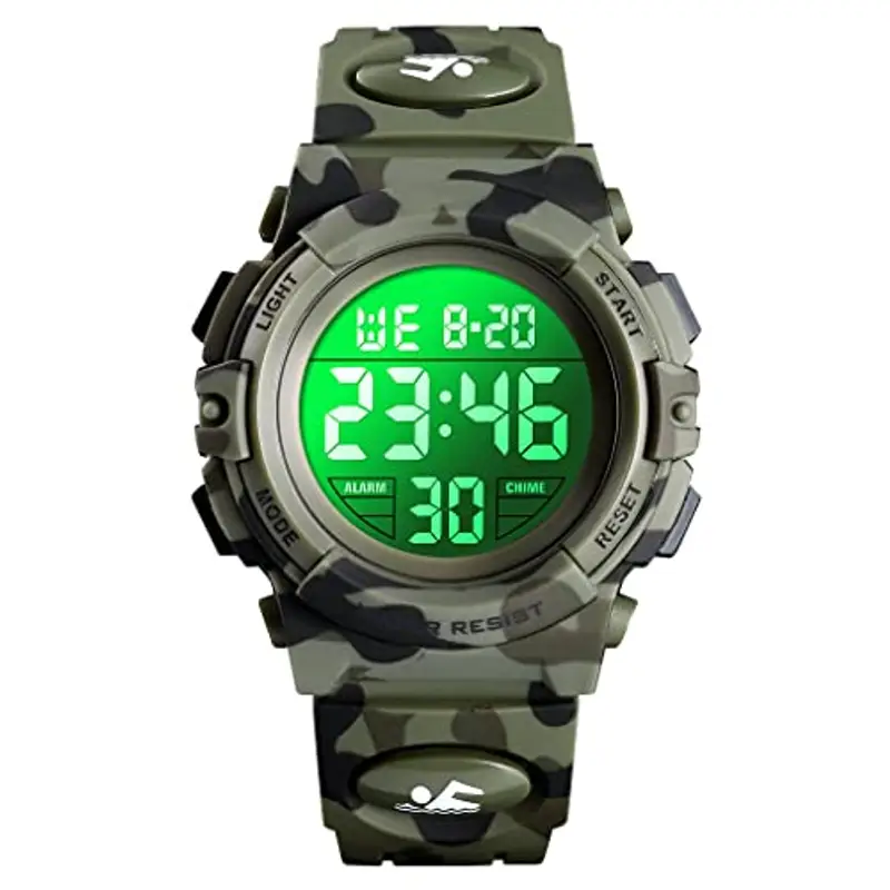 Dayllon Orologio digitale per bambini Sport all'aperto 50 m impermeabile Orologio elettronico Allarme 12/24 h Cronometro Calendario Ragazzo Ragazza Orologio analogico,Verde Camo X