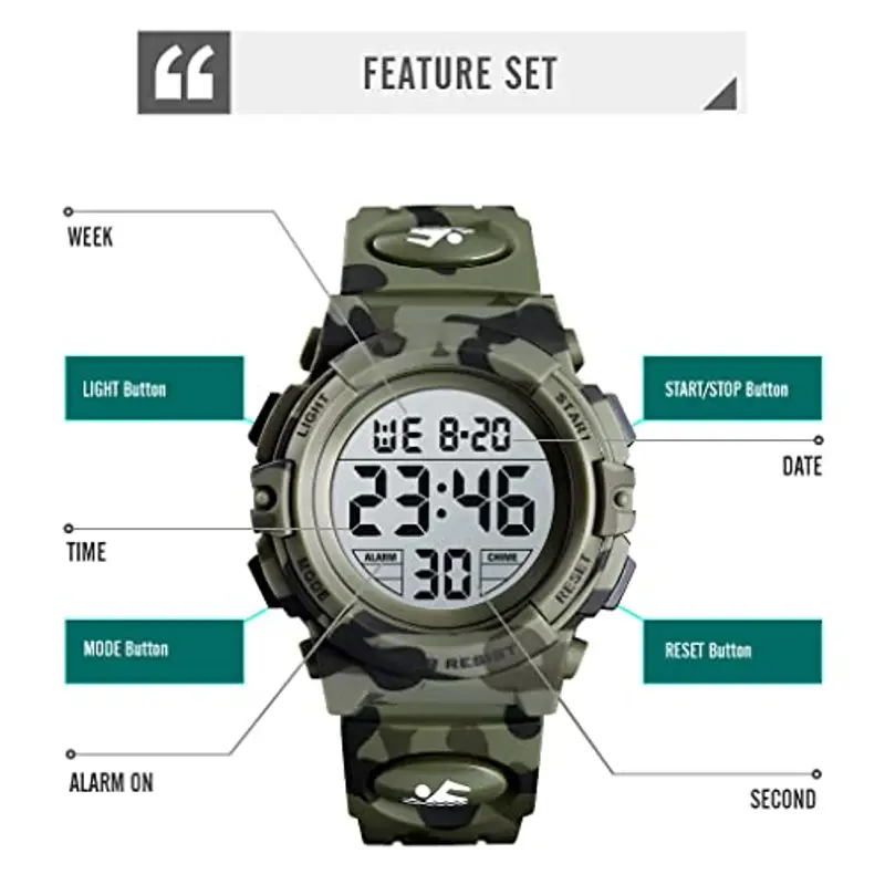 Dayllon Orologio digitale per bambini Sport all'aperto 50 m impermeabile Orologio elettronico Allarme 12/24 h Cronometro Calendario Ragazzo Ragazza Orologio analogico, Verde Camo X miniatura 3