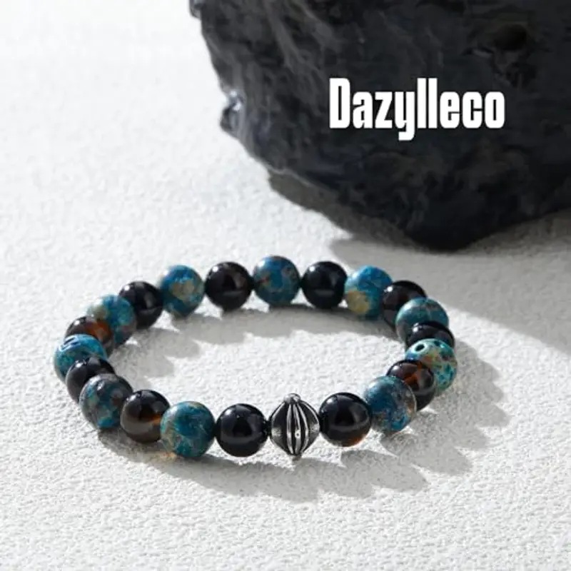 Dazylleco Bracciale Uomo Perline 8MM Bracciale Elastico con Perline Turchese Nero Gioielli Fatti a Mano Regali Compleanno per Uomo(24016) miniatura 2
