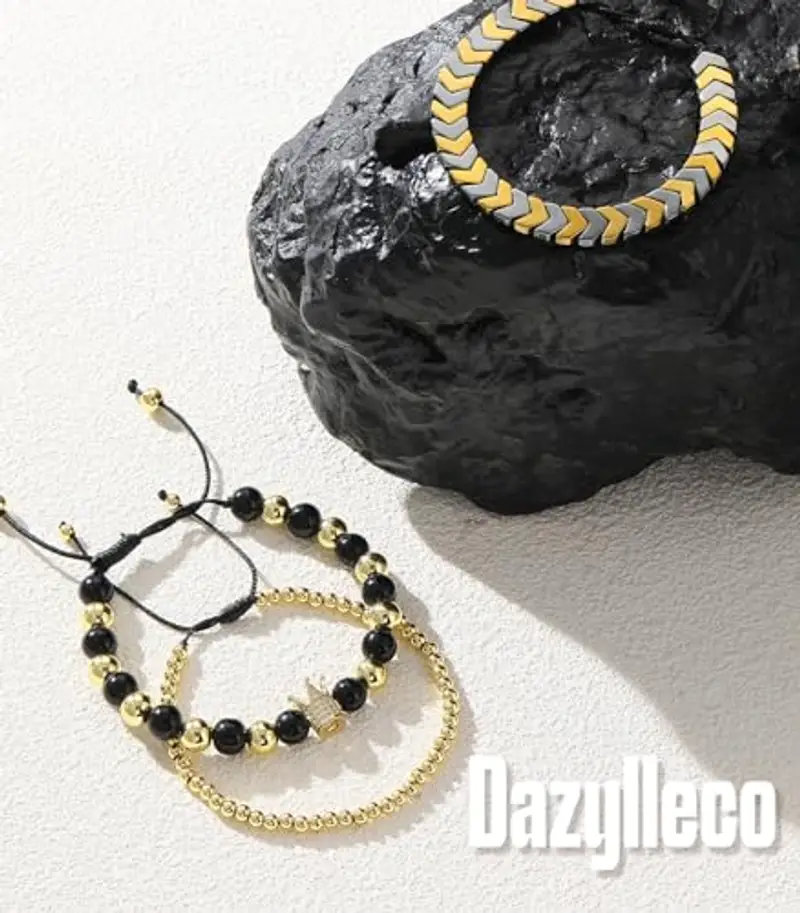 Dazylleco Set di 3 Bracciale da Uomo Bracciale Pietre Naturali Bracciale a Catena Cubano Bracciale in Corda Regolabile Regali di Gioielli Fatti a Mano per Uomo(24009) miniatura 2