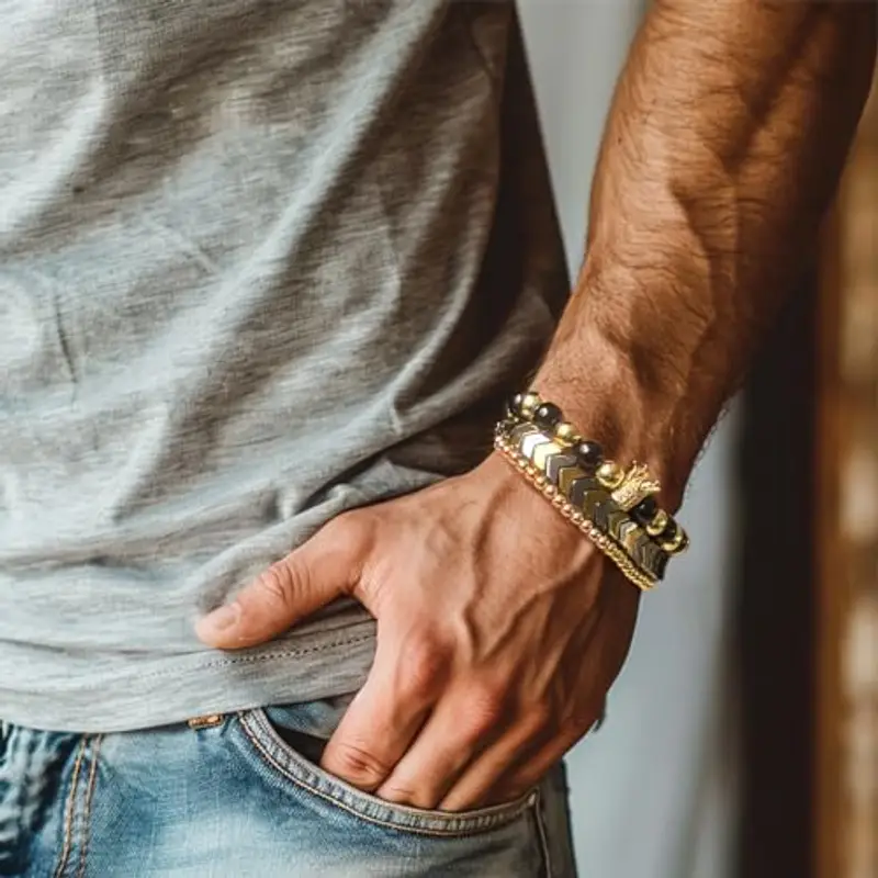 Dazylleco Set di 3 Bracciale da Uomo Bracciale Pietre Naturali Bracciale a Catena Cubano Bracciale in Corda Regolabile Regali di Gioielli Fatti a Mano per Uomo(24009) miniatura 3