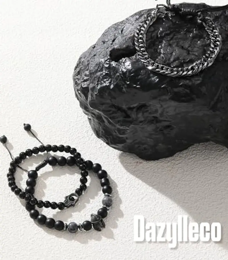 Dazylleco Set di 3 Bracciale da Uomo Bracciale Pietre Naturali Bracciale a Catena Cubano Bracciale in Corda Regolabile Regali di Gioielli Fatti a Mano per Uomo(24011) miniatura 2