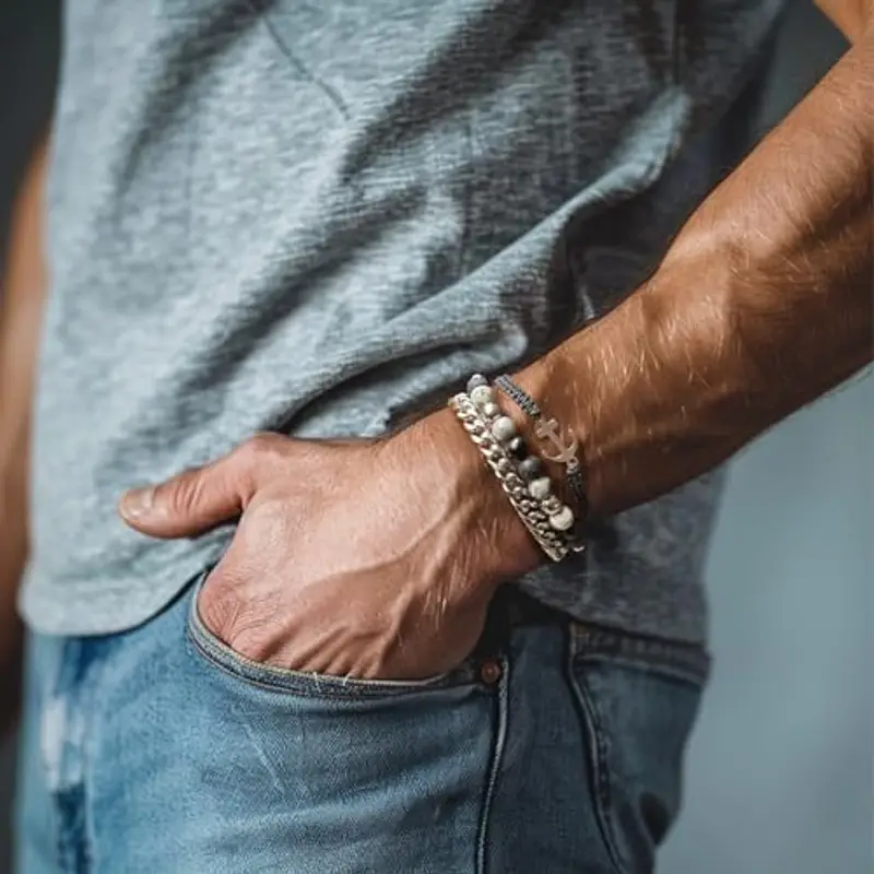 Dazylleco Set di 3 Bracciale da Uomo Bracciale Pietre Naturali Bracciale a Catena Cubano Bracciale in Corda Regolabile Regali di Gioielli Fatti a Mano per Uomo(24012) miniatura 2