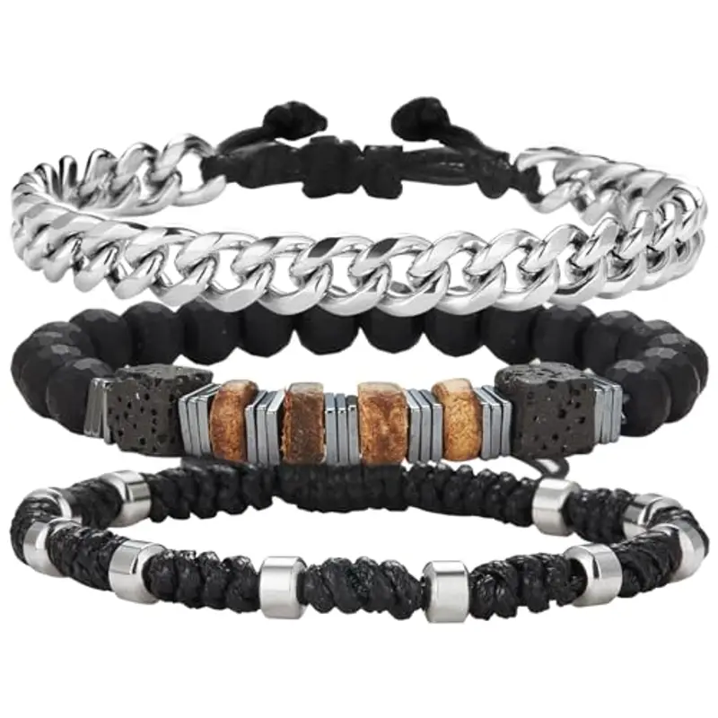 Dazylleco Set di 3 Bracciale da Uomo Bracciale Pietre Naturali Bracciale a Catena Cubano Bracciale in Corda Regolabile Regali di Gioielli Fatti a Mano per Uomo(24014)