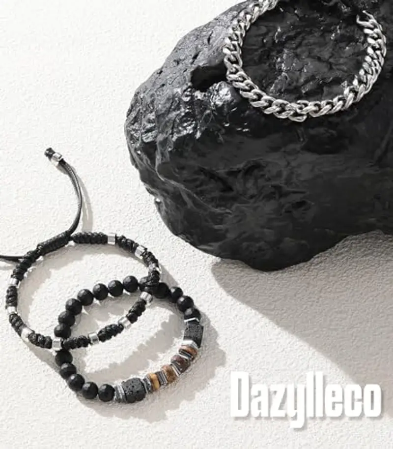 Dazylleco Set di 3 Bracciale da Uomo Bracciale Pietre Naturali Bracciale a Catena Cubano Bracciale in Corda Regolabile Regali di Gioielli Fatti a Mano per Uomo(24014) miniatura 2