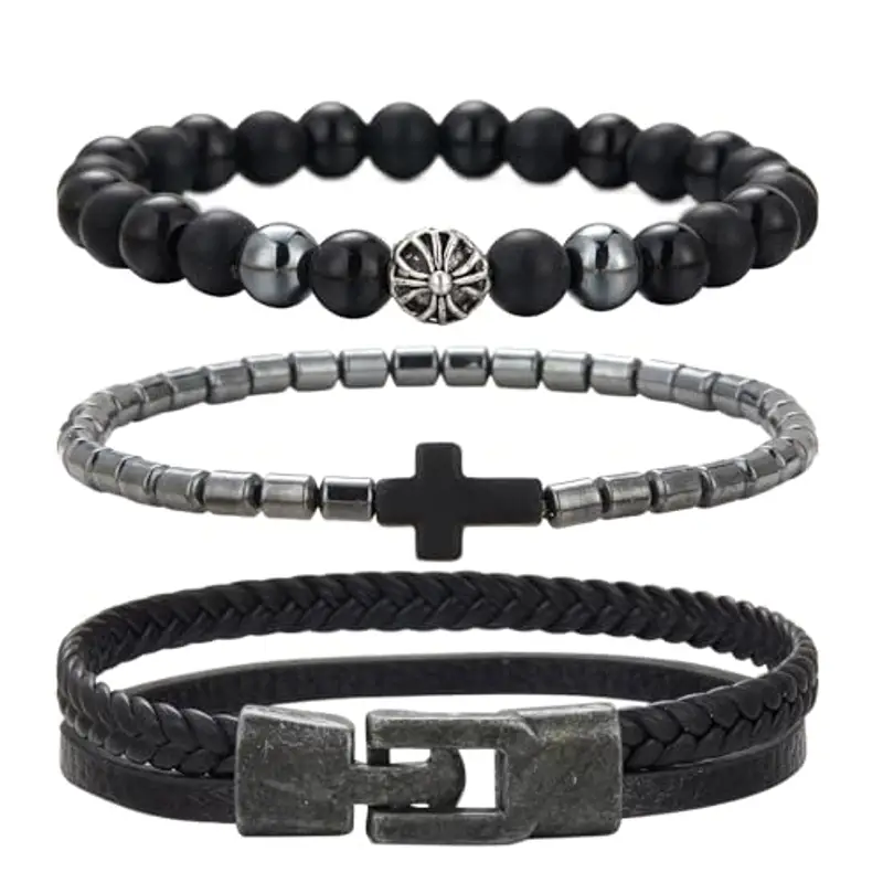 Dazylleco Set di 3 Bracciale da Uomo Bracciale Pietre Naturali Bracciale a Catena Cubano Bracciale in Corda Regolabile Regali di Gioielli Fatti a Mano per Uomo(24029-2)