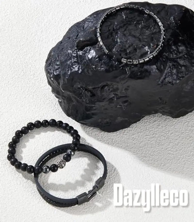 Dazylleco Set di 3 Bracciale da Uomo Bracciale Pietre Naturali Bracciale a Catena Cubano Bracciale in Corda Regolabile Regali di Gioielli Fatti a Mano per Uomo(24029-2) miniatura 2