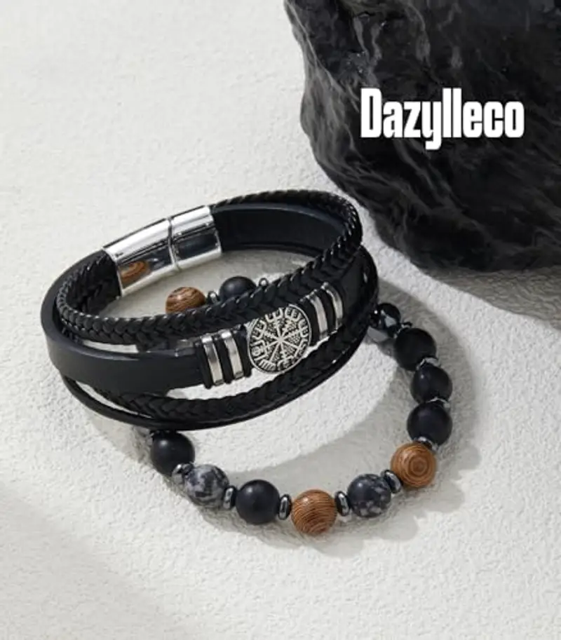 Dazylleco Set di Bracciale Uomo Pelle Nero Bracciale Perline Multistrato con Chiusura Magnetica Gioielli Uomo Regalo Festa Del Papà(Bussola) miniatura 2