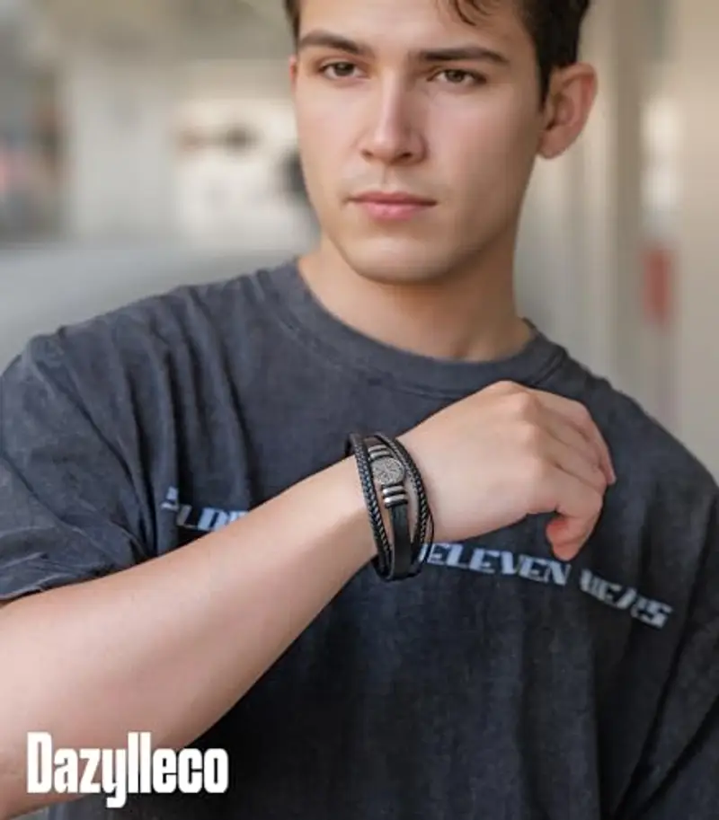 Dazylleco Set di Bracciale Uomo Pelle Nero Bracciale Perline Multistrato con Chiusura Magnetica Gioielli Uomo Regalo Festa Del Papà(Bussola) miniatura 3