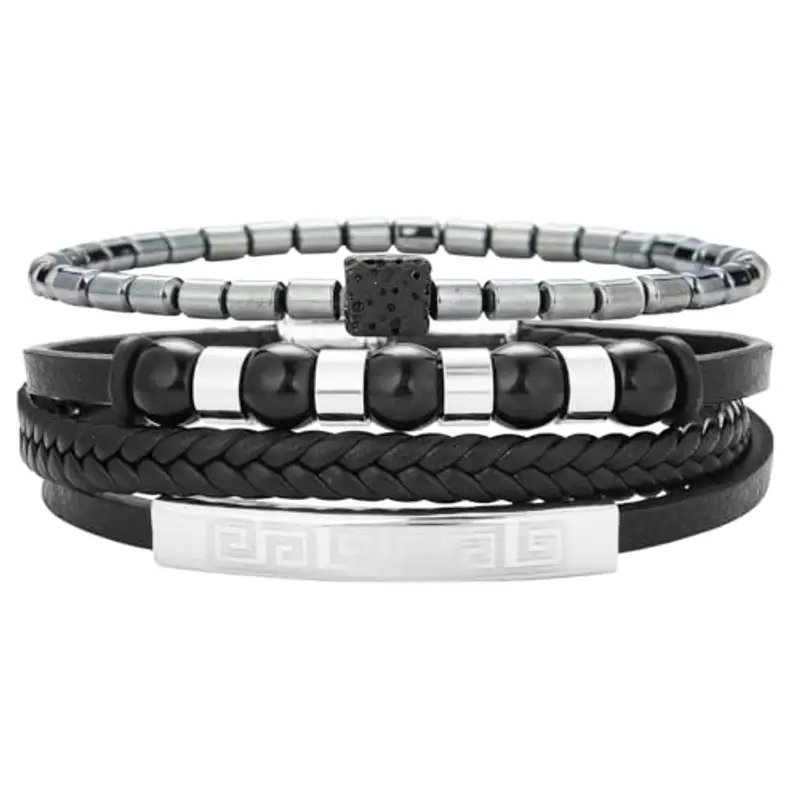 Dazylleco Set di Bracciale Uomo Pelle Nero Bracciale Perline Multistrato con Chiusura Magnetica Gioielli Uomo Regalo Festa Del Papà(Lineare)