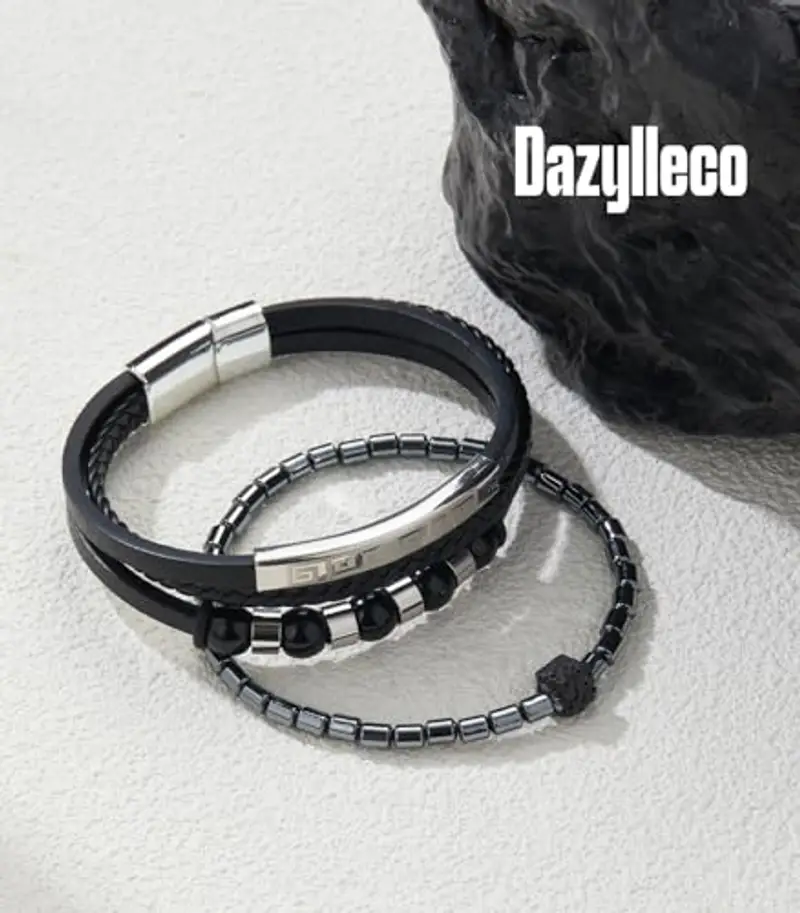 Dazylleco Set di Bracciale Uomo Pelle Nero Bracciale Perline Multistrato con Chiusura Magnetica Gioielli Uomo Regalo Festa Del Papà(Lineare) miniatura 2