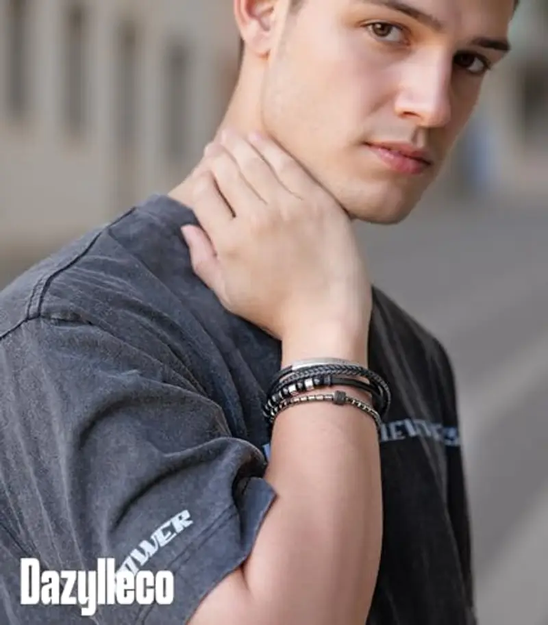 Dazylleco Set di Bracciale Uomo Pelle Nero Bracciale Perline Multistrato con Chiusura Magnetica Gioielli Uomo Regalo Festa Del Papà(Lineare) miniatura 3