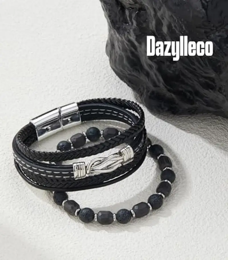Dazylleco Set di Bracciale Uomo Pelle Nero Bracciale Perline Multistrato con Chiusura Magnetica Gioielli Uomo Regalo Festa Del Papà(Nodo) miniatura 2