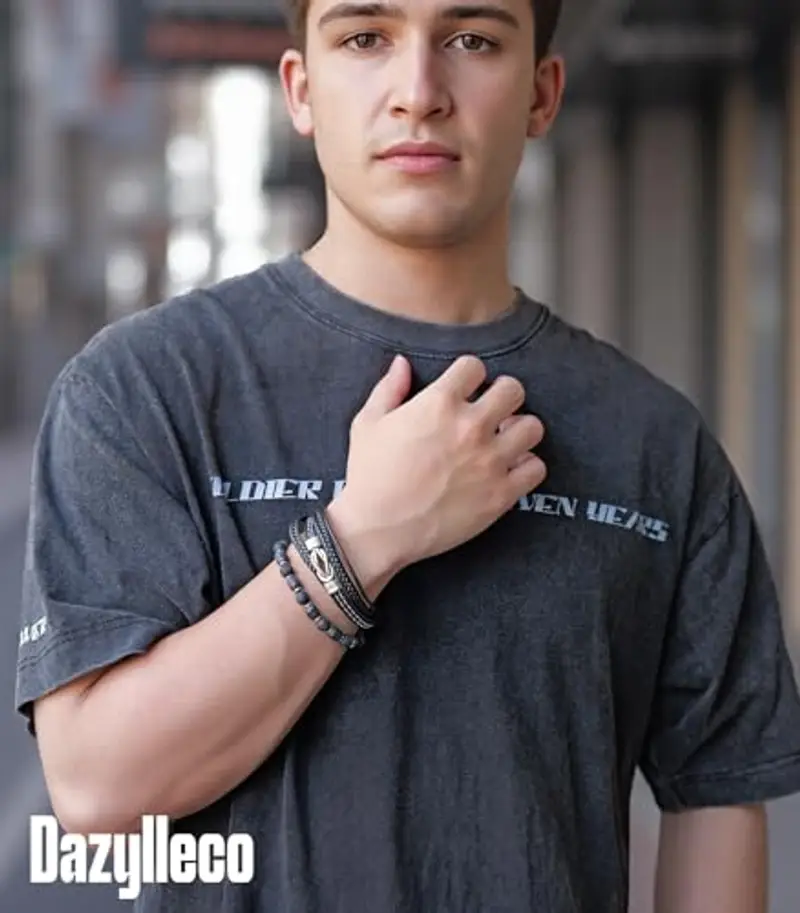 Dazylleco Set di Bracciale Uomo Pelle Nero Bracciale Perline Multistrato con Chiusura Magnetica Gioielli Uomo Regalo Festa Del Papà(Nodo) miniatura 3