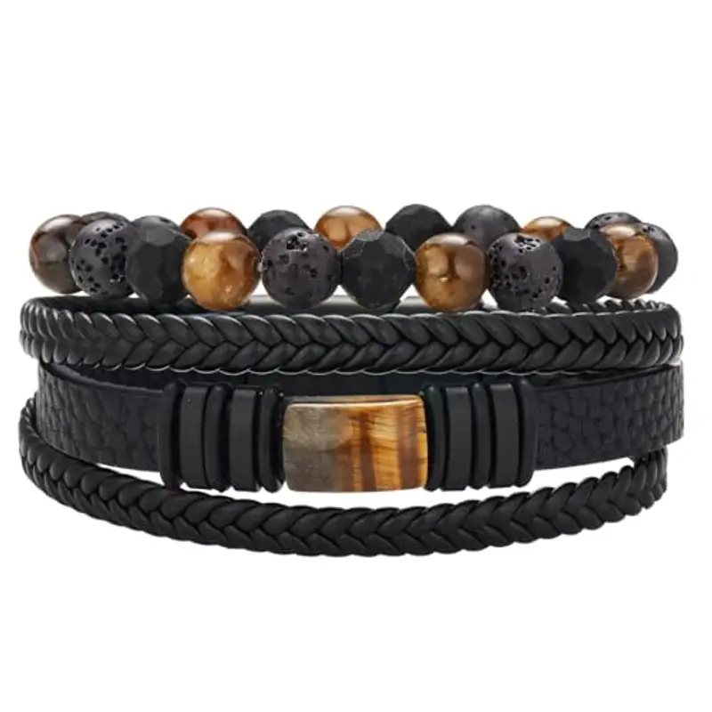 Dazylleco Set di Bracciale Uomo Pelle Nero Bracciale Perline Multistrato con Chiusura Magnetica Gioielli Uomo Regalo Festa Del Papà(Pietra di Tigre)