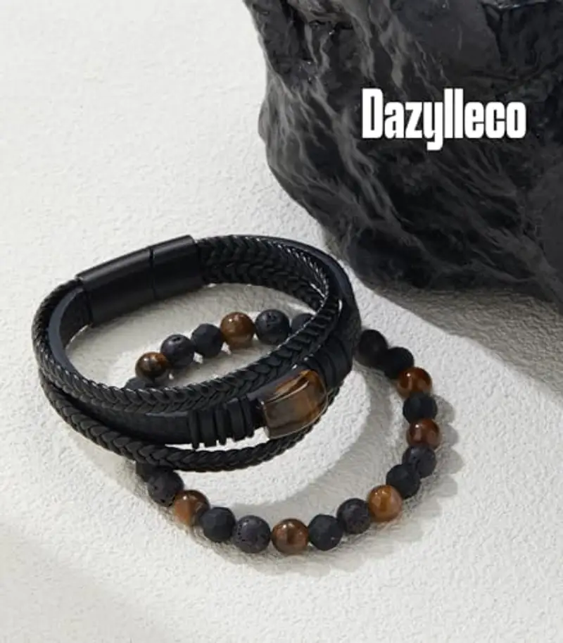 Dazylleco Set di Bracciale Uomo Pelle Nero Bracciale Perline Multistrato con Chiusura Magnetica Gioielli Uomo Regalo Festa Del Papà(Pietra di Tigre) miniatura 2