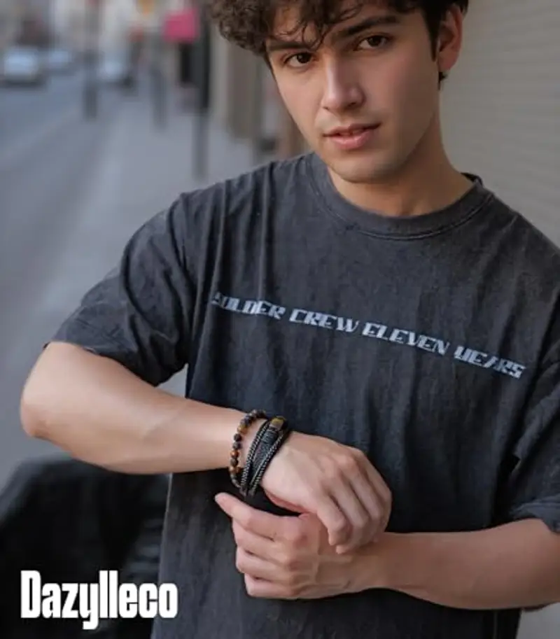 Dazylleco Set di Bracciale Uomo Pelle Nero Bracciale Perline Multistrato con Chiusura Magnetica Gioielli Uomo Regalo Festa Del Papà(Pietra di Tigre) miniatura 3