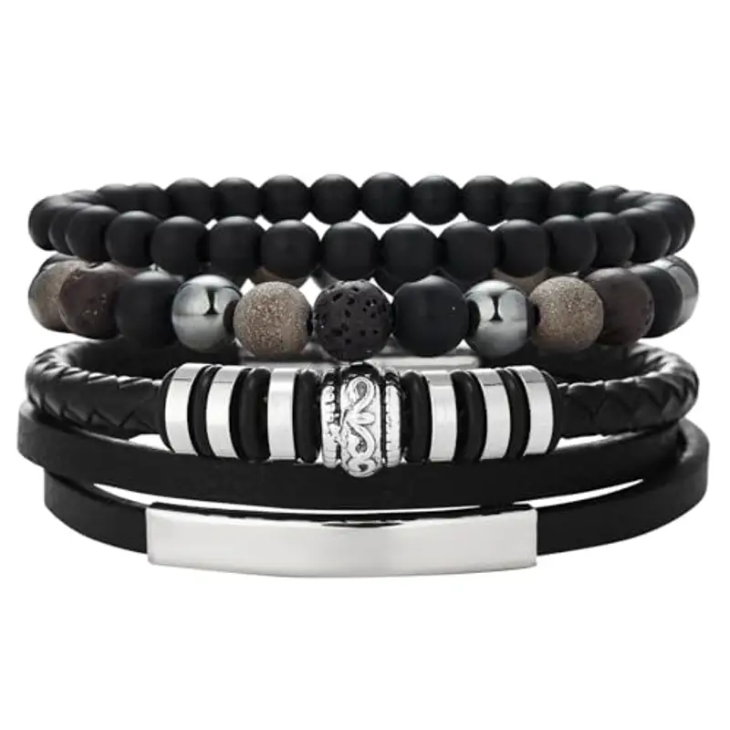 Dazylleco Set di Bracciale Uomo Pelle Nero Bracciale Perline Multistrato con Chiusura Magnetica Gioielli Uomo Regalo Festa Del Papà(Tubo lungo)