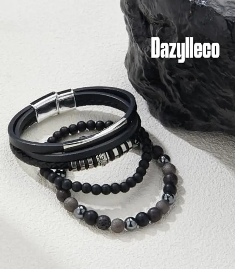 Dazylleco Set di Bracciale Uomo Pelle Nero Bracciale Perline Multistrato con Chiusura Magnetica Gioielli Uomo Regalo Festa Del Papà(Tubo lungo) miniatura 2