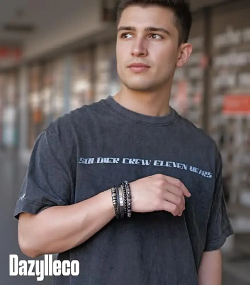 Dazylleco Set di Bracciale Uomo Pelle Nero Bracciale Perline Multistrato con Chiusura Magnetica Gioielli Uomo Regalo Festa Del Papà(Tubo lungo) miniatura 3