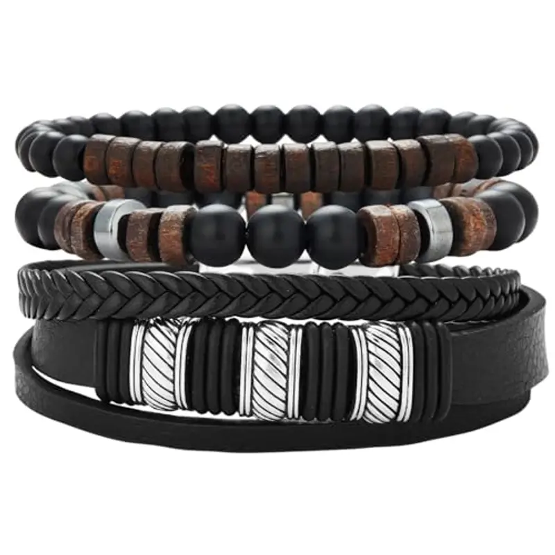 Dazylleco Set di Bracciale Uomo Pelle Nero Bracciale Perline Multistrato con Chiusura Magnetica Gioielli Uomo Regalo Festa Del Papà(Twill)