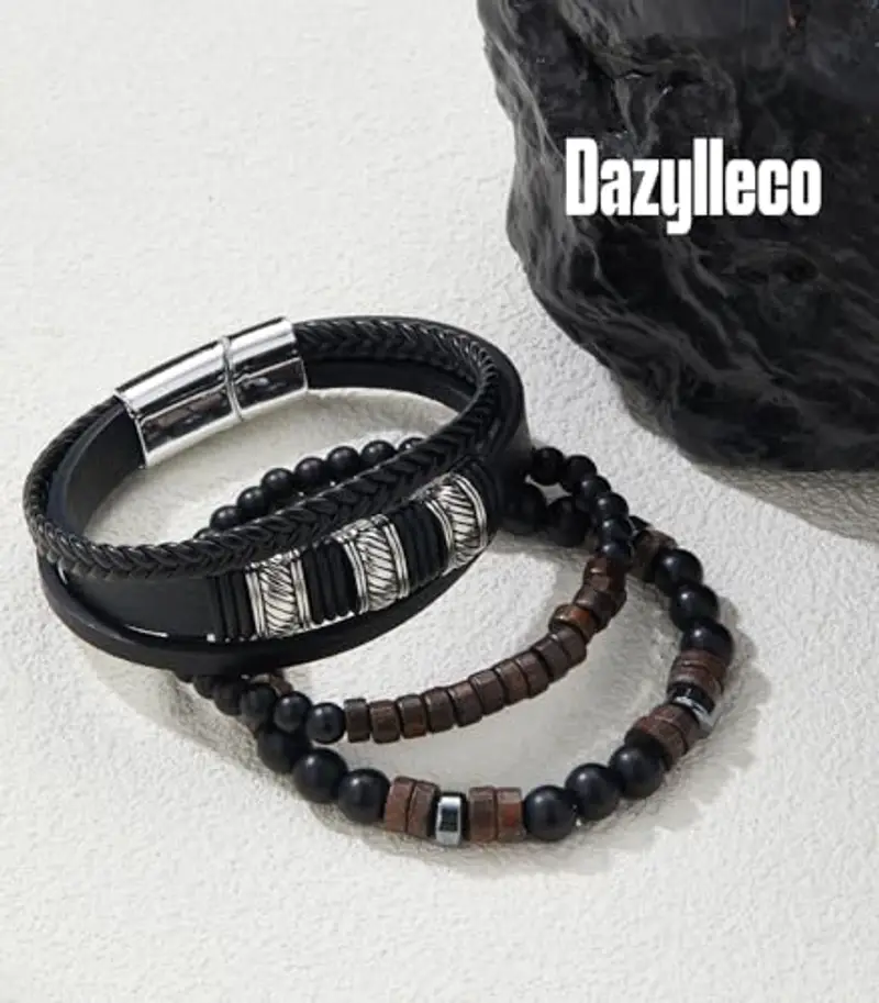 Dazylleco Set di Bracciale Uomo Pelle Nero Bracciale Perline Multistrato con Chiusura Magnetica Gioielli Uomo Regalo Festa Del Papà(Twill) miniatura 2