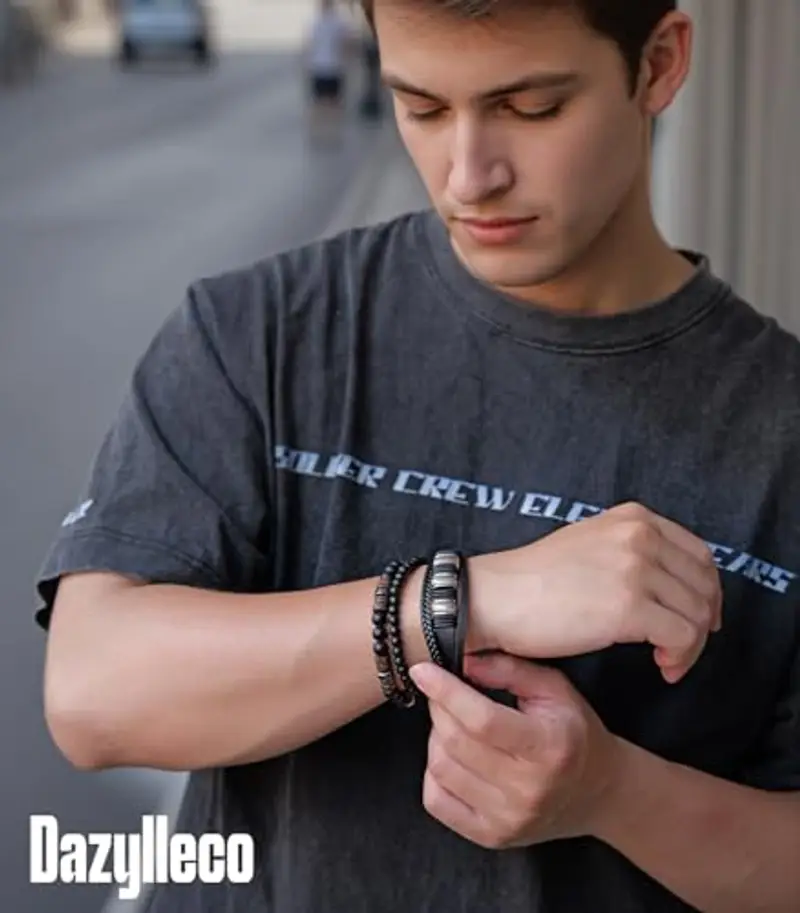 Dazylleco Set di Bracciale Uomo Pelle Nero Bracciale Perline Multistrato con Chiusura Magnetica Gioielli Uomo Regalo Festa Del Papà(Twill) miniatura 3