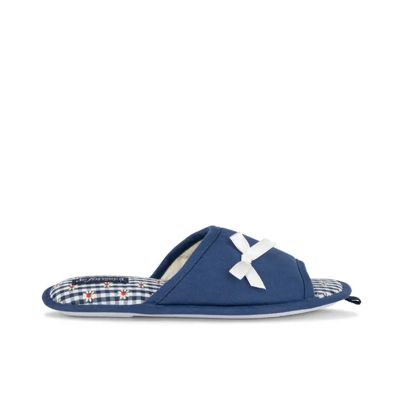 Ciabatte donna da casa blu spuntate con soletta in stampa fiori e check