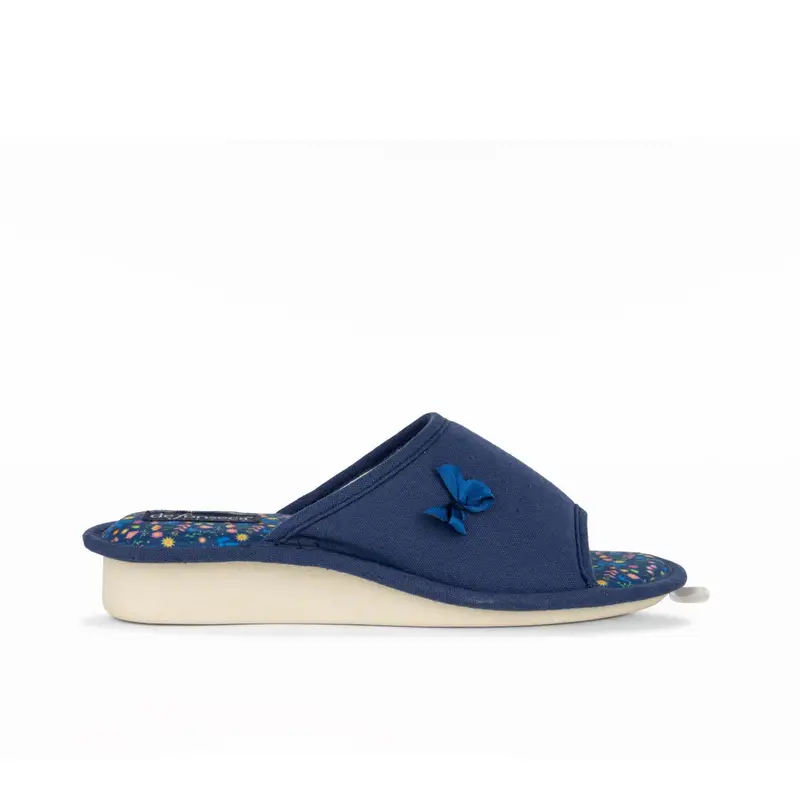 Ciabatte donna da casa spuntate blu con soletta in stampa fiori e zeppina