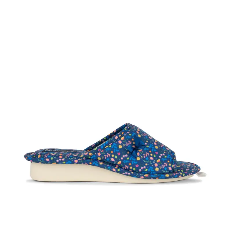 Ciabatte donna da casa spuntate blu con stampa fiori e zeppina