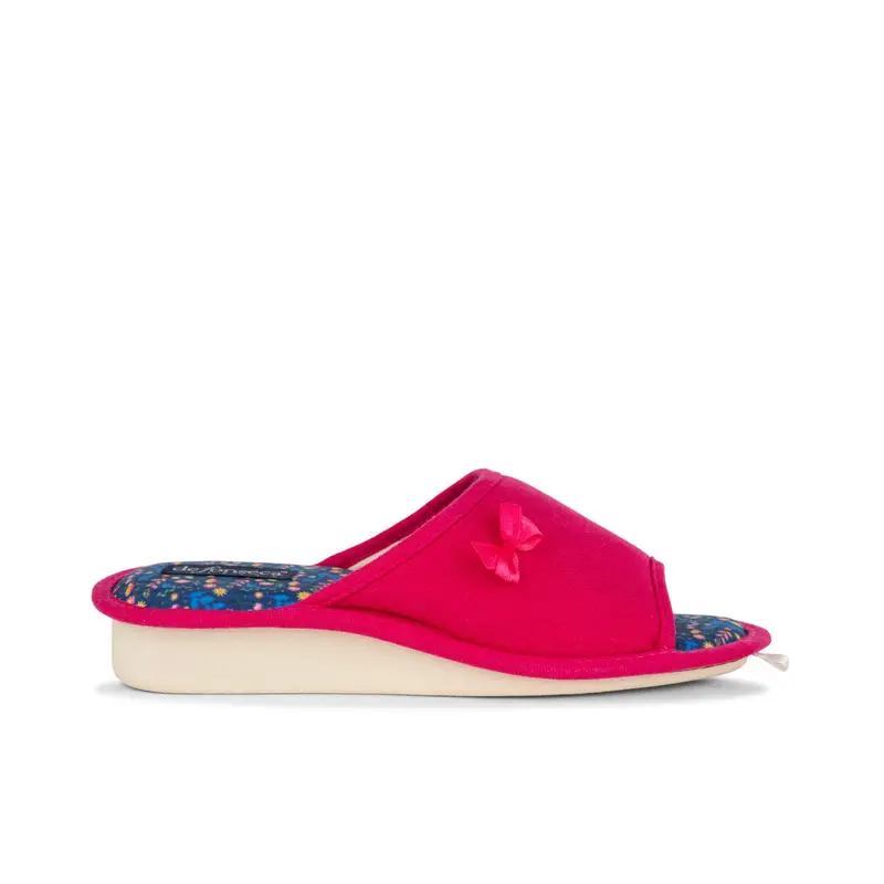 Ciabatte donna da casa spuntate fucsia con soletta in stampa fiori e zeppina
