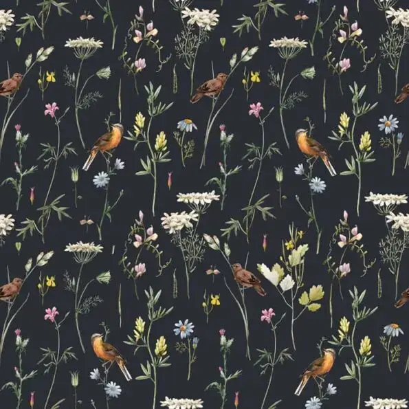 Carta da parati per bambini Dekornik Meadow With Birds Black